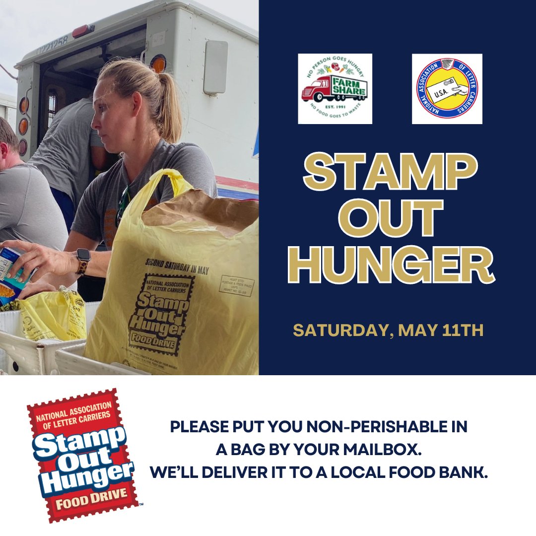 May 11 Farm Share has partnered with the NALC to help feed your community and help fight for food security. How you can help: 1. Fill a handled bag with non-perishable items. 2. Leave the bag by your mailbox. Let's make this NALC 2024 the most successful food drive to date!