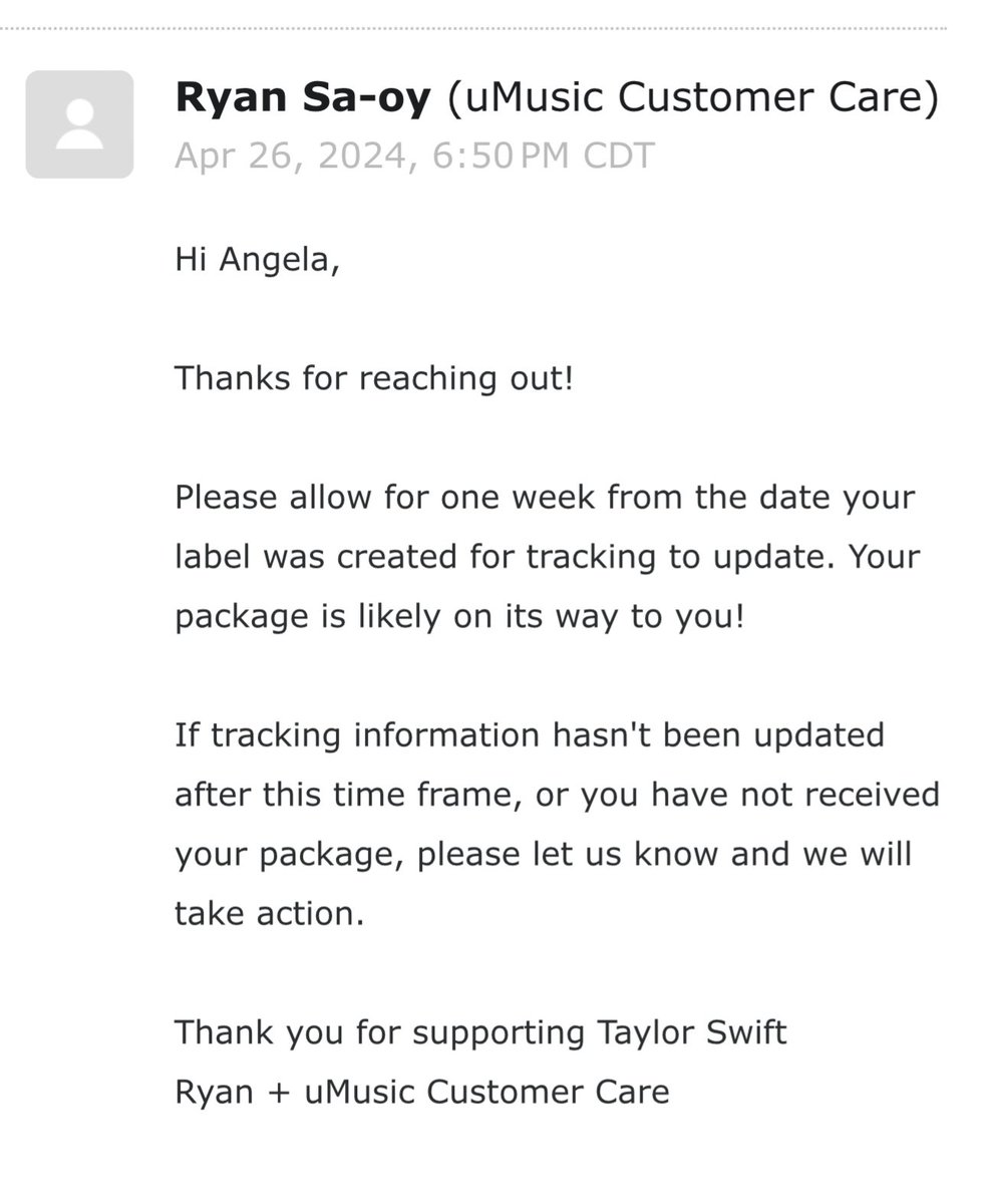 ayvonnecato's tweet photo. @TayMerchProbs getting comical - my replacement signed @taylorswift13 CD marked shipped for 3+ days w/ UPS Next Day Air. Emailed @UMG &amp;got this reply. I need to wait 5 days for tracking to update on next day package? Emailed again &amp; sent DM to @umusicsupport. When will this end? https://t.co/9nalsfuzkF