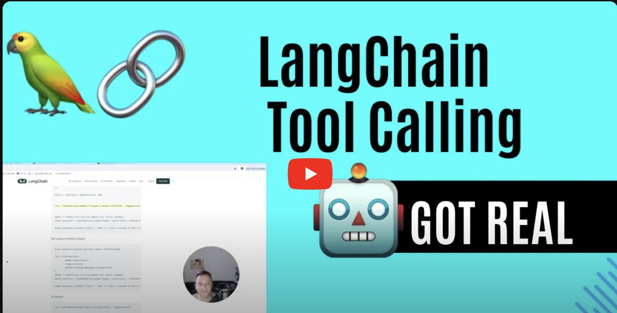 💬'LangChain Tool Calling feature just changed everything' We recently added a common interface for tool calling across model providers This makes it easy to build agents that work across models Watch @EdenEmarco177 explain why this is a big deal youtube.com/watch?v=dj8Yqi…