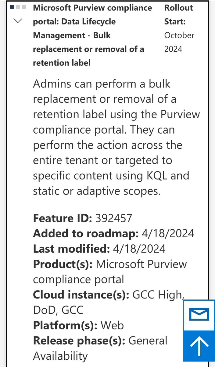 🆕 Microsoft Purview compliance portal: Data Lifecycle Management - Bulk replacement or removal of a retention label

Rollout Start: October 2024

buff.ly/3Wa7EeO

#MicrosoftPurview