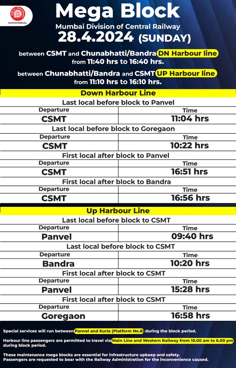 Attention Passengers! 🚨 🚧 Mega Block on Slow & Harbour lines on 28/04/2024 (Sunday). Check the schedule for the last and first locals before and after the block. Plan your travel accordingly. #MegaBlock #SundayBlock