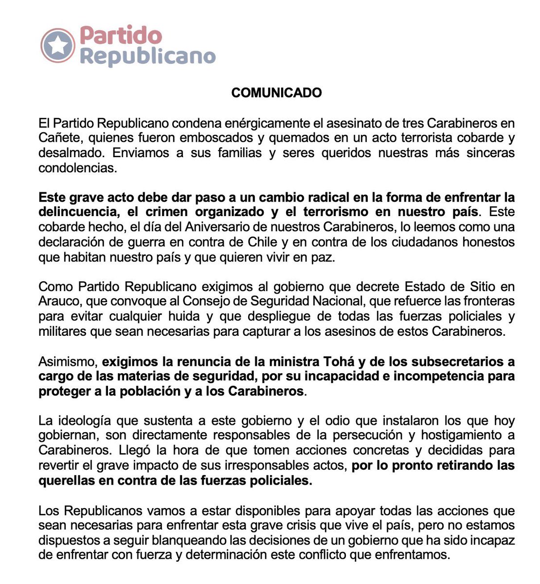Comunicado del Partido Republicano por el asesinato de tres Carabineros en Cañete.