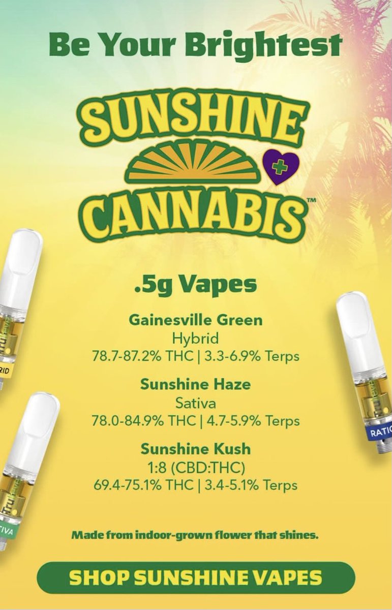 #Goodmorning our #SunshineFam ☀️ Let’s celebrate the weekend the #SunshineCannabis way by enjoying some savings on our #cannabisproducts available for you now at your #Florida @Trulieve #MMTC 💚🏆 
#Trulieve #NaturalRelief #Cannabis #Extracts #VapeCarts #Trupods #Trulieve #YesOn3