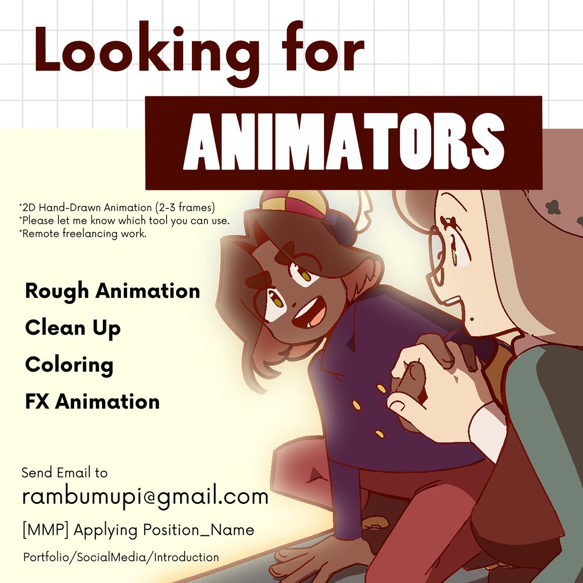 📢⭐️ ATTENTION ANIMATORS!!! ⭐️📢

@Rambustory is hiring for her 16-minute animation, Musical Pipers: The Pied Piper! (I'm in this one)! 🎶

She needs:
+ Rough Animation
+ Cleanup
+ Coloring
+ FX Animation

If interested, please email rambumupi@gmail.com with the guidelines below!