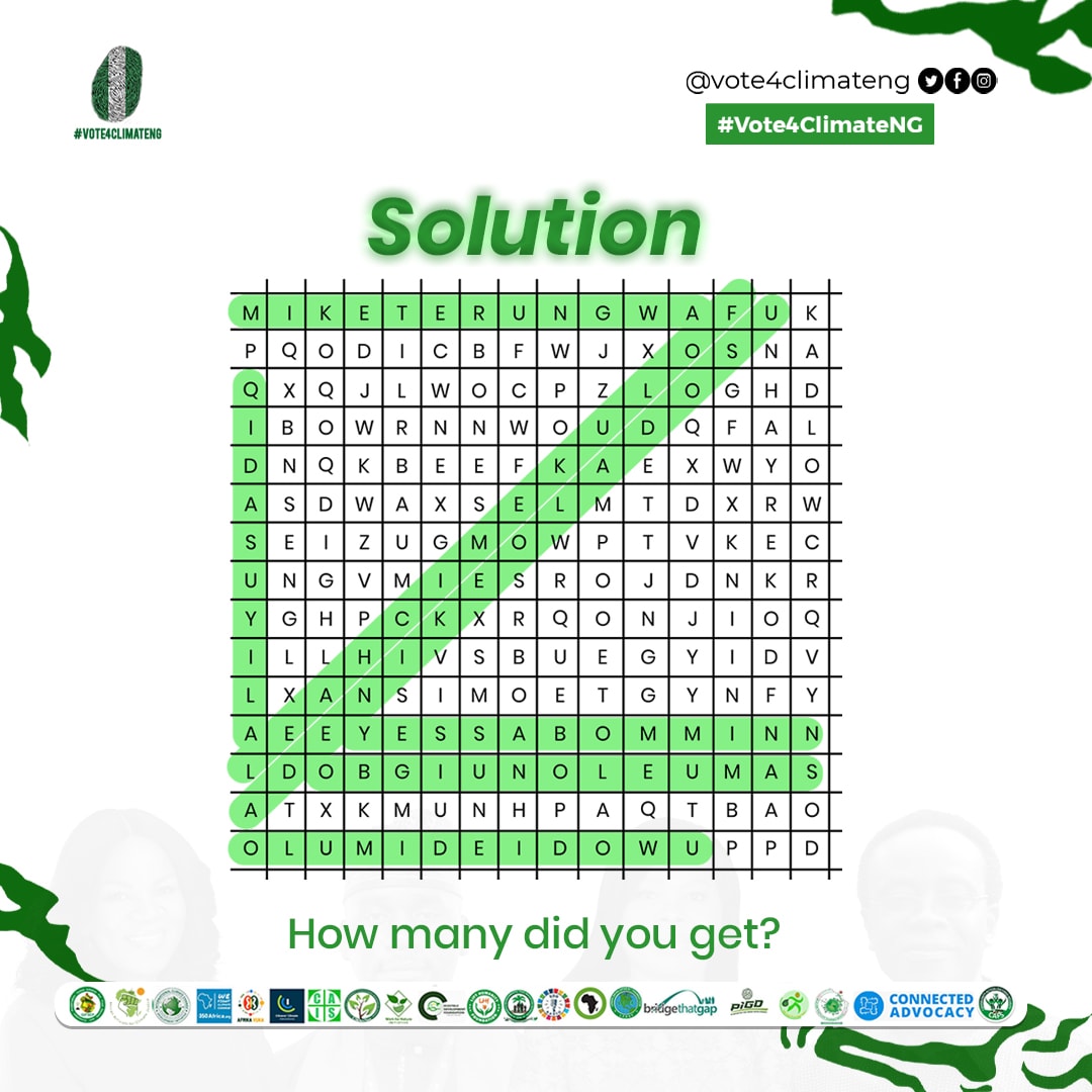 The puzzle's been solved, and our climate heroes have been found! 🌟 Dr. Mike Terungwa @miketerungwa Foluke Michael @FolukeMichael Adenike Oladosu @the_ecofeminist Aliyu Sadiq @aliyusadiq_gky Nnimmo Bassey @NnimmoB Rep. Samuel Onuigbo @OnuigboSI Olumide Idowu @OlumideIDOWU