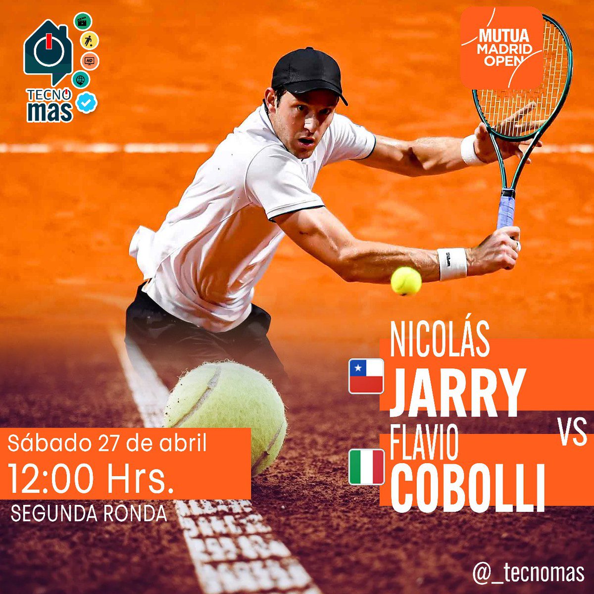 ******** MADRID OPEN ********

#SegundaRonda
#MutuaMadridOpen
#MMOPEN
#ATP
#MadridOpen
#Master1000
#NicoJarry
#FlavioCobolli
#SomosMAS
#TecnoMAS

📲📺💻🖥️
📂 DEPORTES | STAR+ - ESPN 
🕛 12:00 HRS 🇨🇱 | 📅 27/04/2024
🥎 CANCHA 5, MADRID | ESPAÑA