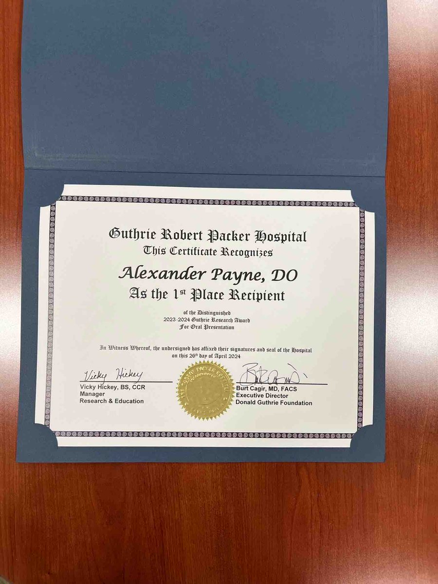 Congratulations to Dr Payne on his 1st place win in oral presentation on Guthrie Research Day! 

#guthrieEMresidency #researchday #StanleyConklin