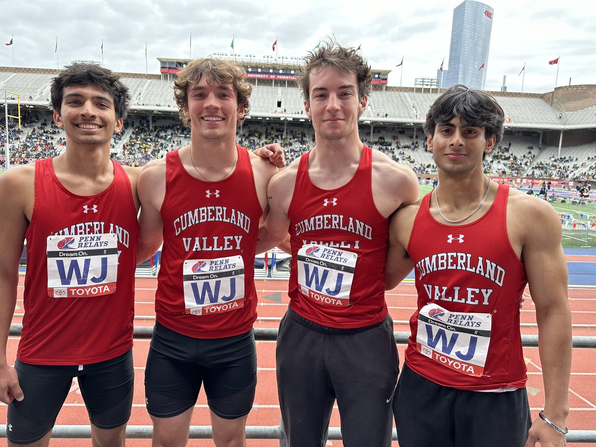 CVTrackandField's tweet photo. The boys 4x400m of Khush Patel, Matt Stier, Kern Singh &amp; Seth Beardsley ran 3:26.78 at Penn Relays. https://t.co/PY99rK4waa