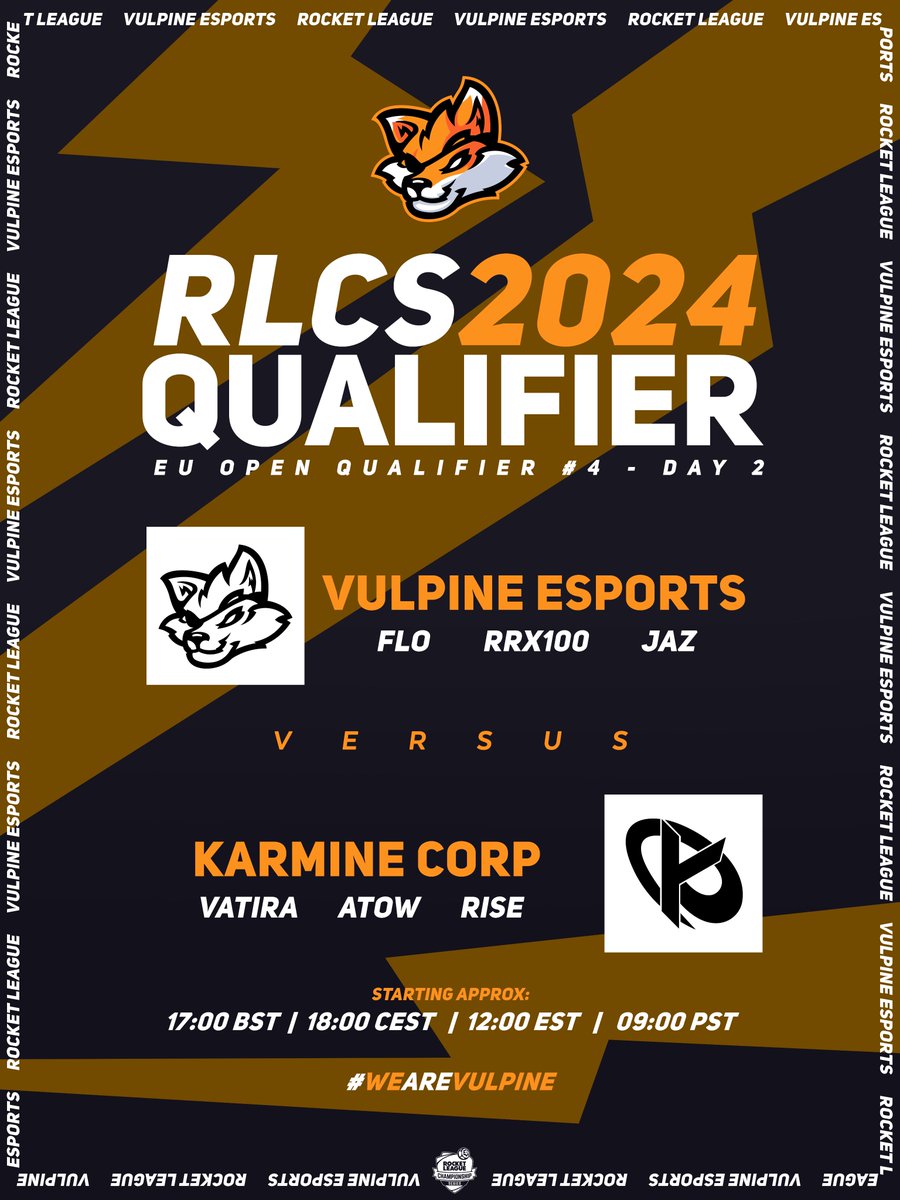 #RLCS Day 2 (Europe Open Qualifiers)

Today, the guys are playing against <a href="/KarmineCorp/">Karmine Corp</a>  

Good luck <a href="/Flo_rl_/">Flo</a> @RRX100_ &amp; Jaz
Game starts @ 5pm BST

Follow Flo's stream here:
twitch.tv/rl_flo_

#WeAreVulpine🦊

🎨<a href="/Dalus93/">Dalus</a>