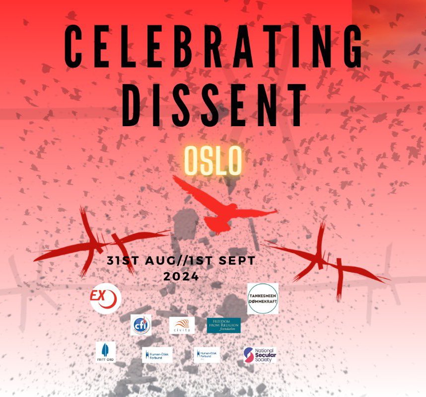 Plus de 50 libres penseurs se rassembleront du 31 août au 1er septembre pour l'événement 'Celebrating Dissent Oslo', la plus grande rencontre d'ex-musulmans à travers le monde. Organisé par @CEMB_forum et Dømmekraft, cet événement célèbrera le blasphème et l'apostasie.