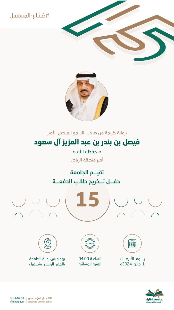 ShaqraUni's tweet photo. برعاية كريمة من صاحب السمو الملكي الأمير فيصل بن بندر بن عبدالعزيز آل سعود أمير #منطقة_الرياض ..

تقيم #جامعة_شقراء حفل تخريج الدفعة 15 من طلابها للعام الجامعي 1445هـ.

#صناع_المستقبل 
#تخريج_الدفعة15_بجامعة_شقراء https://t.co/zud03NNeMV