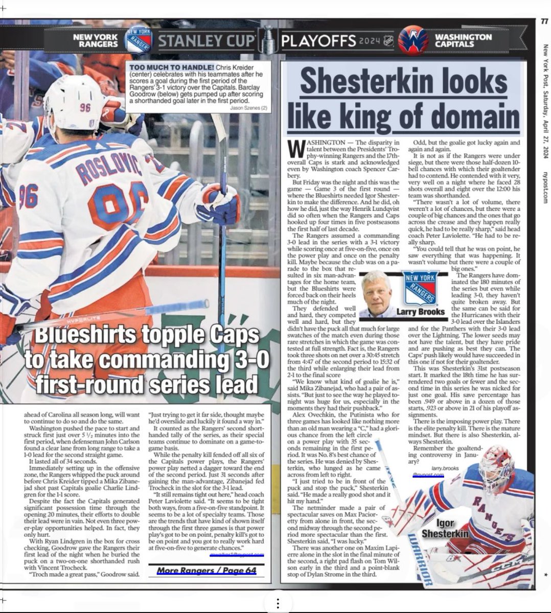 The spread inside ahead of practice ⬇️ Rangers finally get their 3-0 series lead ➡️ bit.ly/3WiQagv Brooks: Igor Shesterkin answers call in brilliant Game 3 performance ➡️ bit.ly/3w1TPol