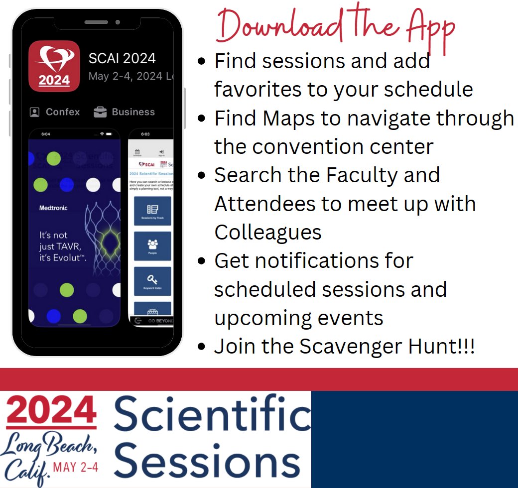 Getting ready for #SCAI2024 Download the App to keep up with your schedule and navigate the conference with ease! 🔍Looking forward to the Scavenger Hunt with the Exhibitors 🕵️ @SCAI @SrihariNaiduMD @mirvatalasnag @sahilparikhmd @Drroxmehran @BinitaShahMD @JDawnAbbott1