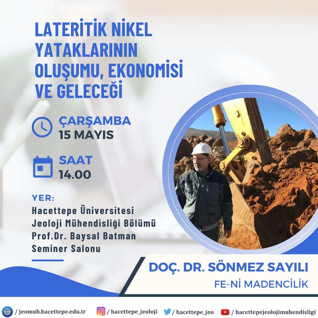 Sayın Doç. Dr. Sönmez Sayılı'nın 'Lateritik Nikel Yataklarının Oluşumu, Ekonomisi ve Geleceği'ni anlatacağı konferansına tüm personelimiz ve öğrencilerimiz davetlidir. #Hacettepe #Jeoloji #Hidrojeoloji