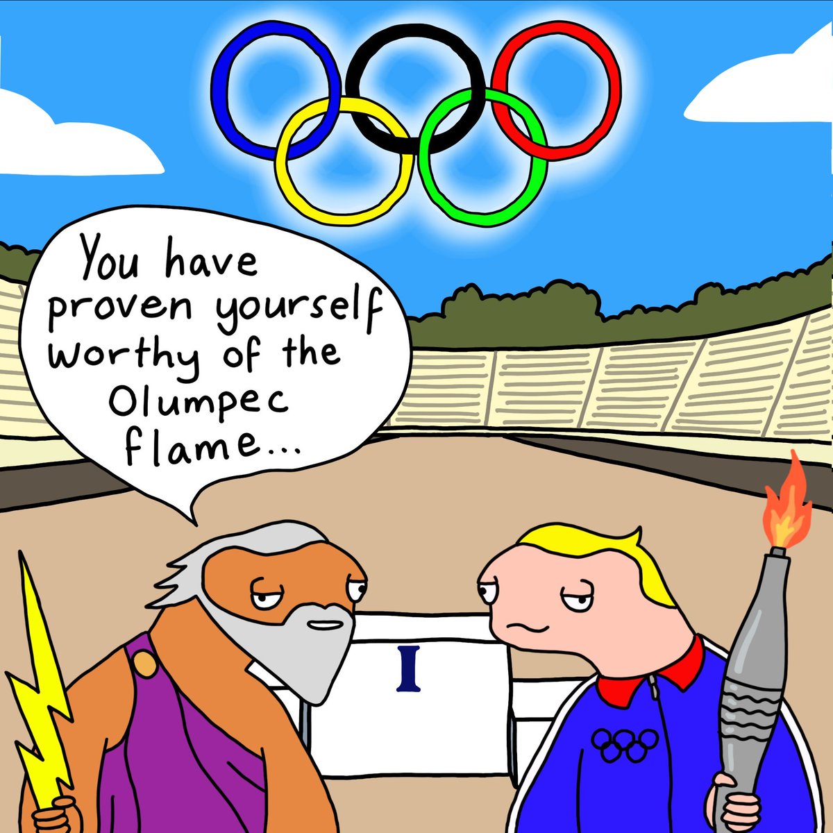 Day 12: After collecting all 5 Olumpec rings, Louis meets the mighty god Zoos at the Panathenaic Stadium in Athens. Zoos gives his blessing for Louis to carry the Olumpec flame to the Paris Olumpecs... $OLUMPC #Solana #olympics2024 #paris2024 #parisolympics