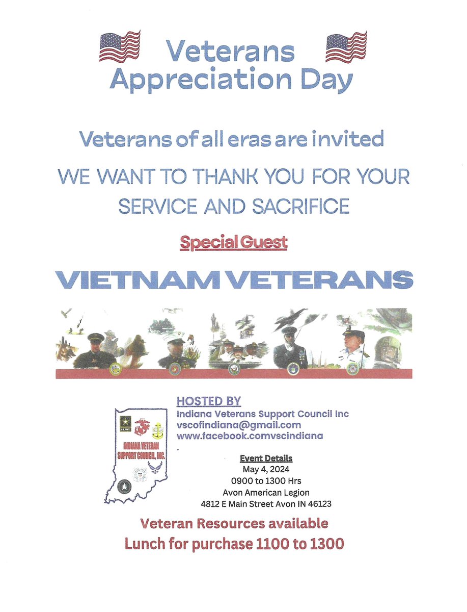 Join the Indiana Veterans Support Council Inc. for Veterans Appreciation Day! Veterans resources will be available & lunches for purchase.  #IndianaVeterans #VeteransAppreciation #VeteransResources #VeteransCommunity