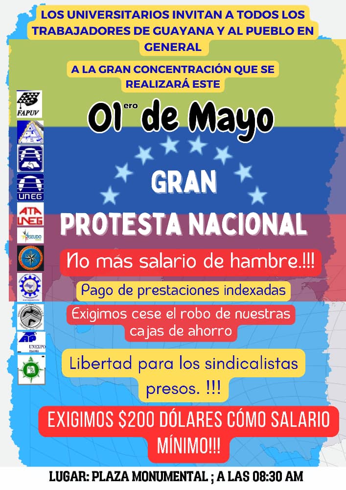 El 01 de mayo los universitarios de Guayana se concentrarán por salarios dignos. El Gobierno tiene recursos para llevar el salario mínimo a 200$ con incidencia en los tabuladores salariales.
¡Luchemos por la reconstrucción del salario!

#SalariosDignosYa #BonoNoEsSalario