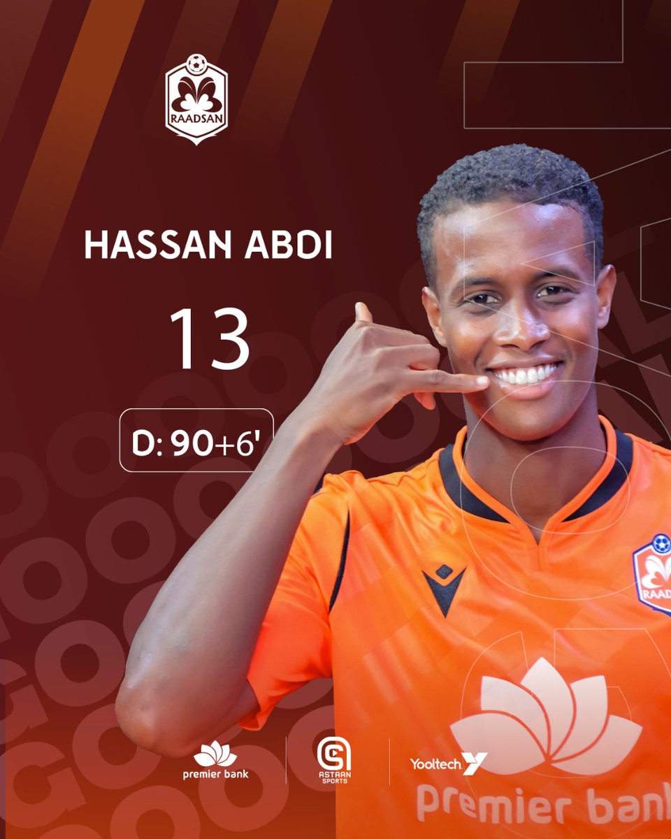 RaadsanSC's tweet photo. 𝐆𝐎𝐀𝐋 ⚽ | Hassan Abdi 😍 | Gaadiidka 0-2 Raadsan SC ✊ | Daqiiqadda 90+6. 

#RaadsanSC #SomaliNationalLeague #RaadsanFamily🧡 https://t.co/GKMZbCNWzx