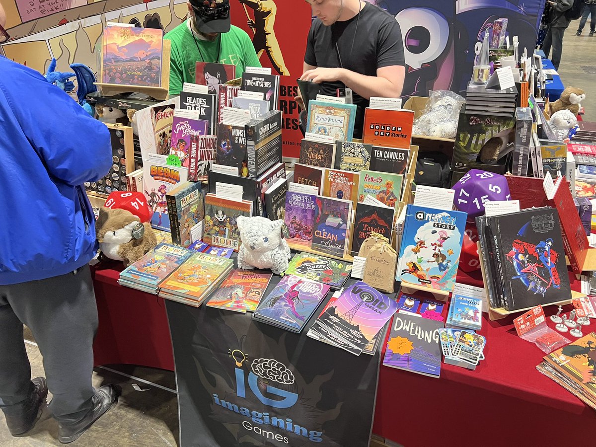 Looking for #tabletop #RPGs at #C2E2? Check out the Imagining Games booth #485 for the newest, indie classics, best in 3rd party 5E, and solos! The boxed owlbears plushies and foam dice will sell out today!