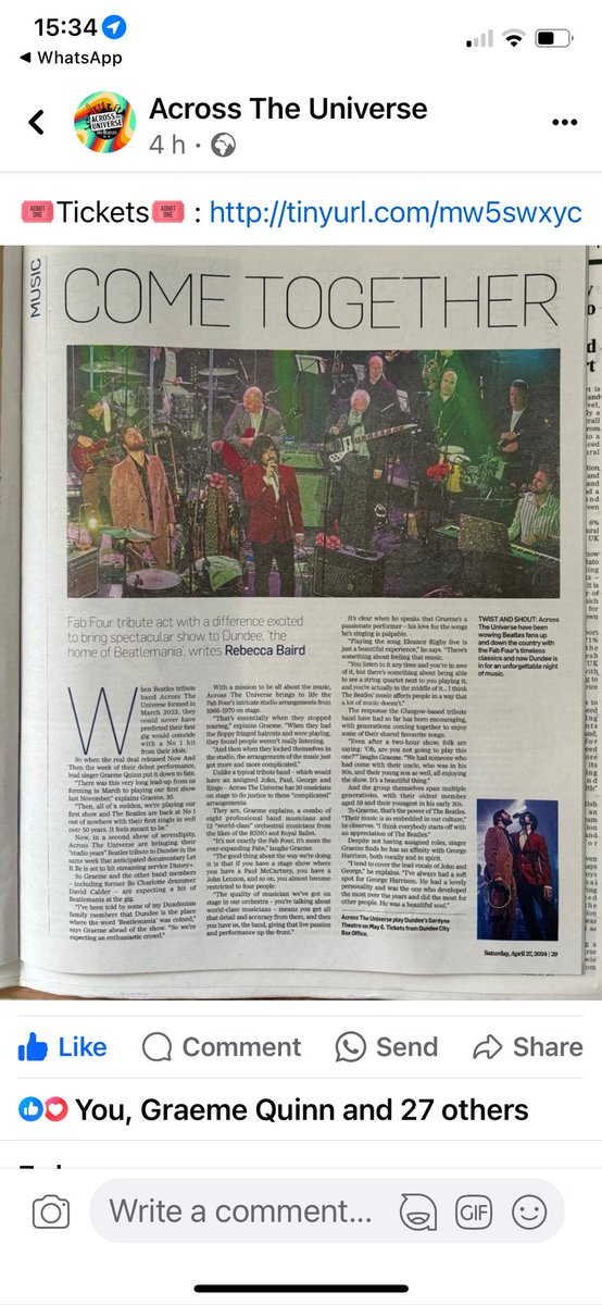 Great article by ⁦@rebeccabaird_⁩ in ⁦@courier_dundee⁩ on Beatles show Across the Universe. Touring Scotland and playing Dundee’s ⁦@GardyneTheatre⁩ on 6 May. Can’t wait 🙌 ⁦@intocreative⁩ @Creative_Dundee⁩ ⁦⁦@DundeeCulture⁩ ⁦@dundeecity⁩