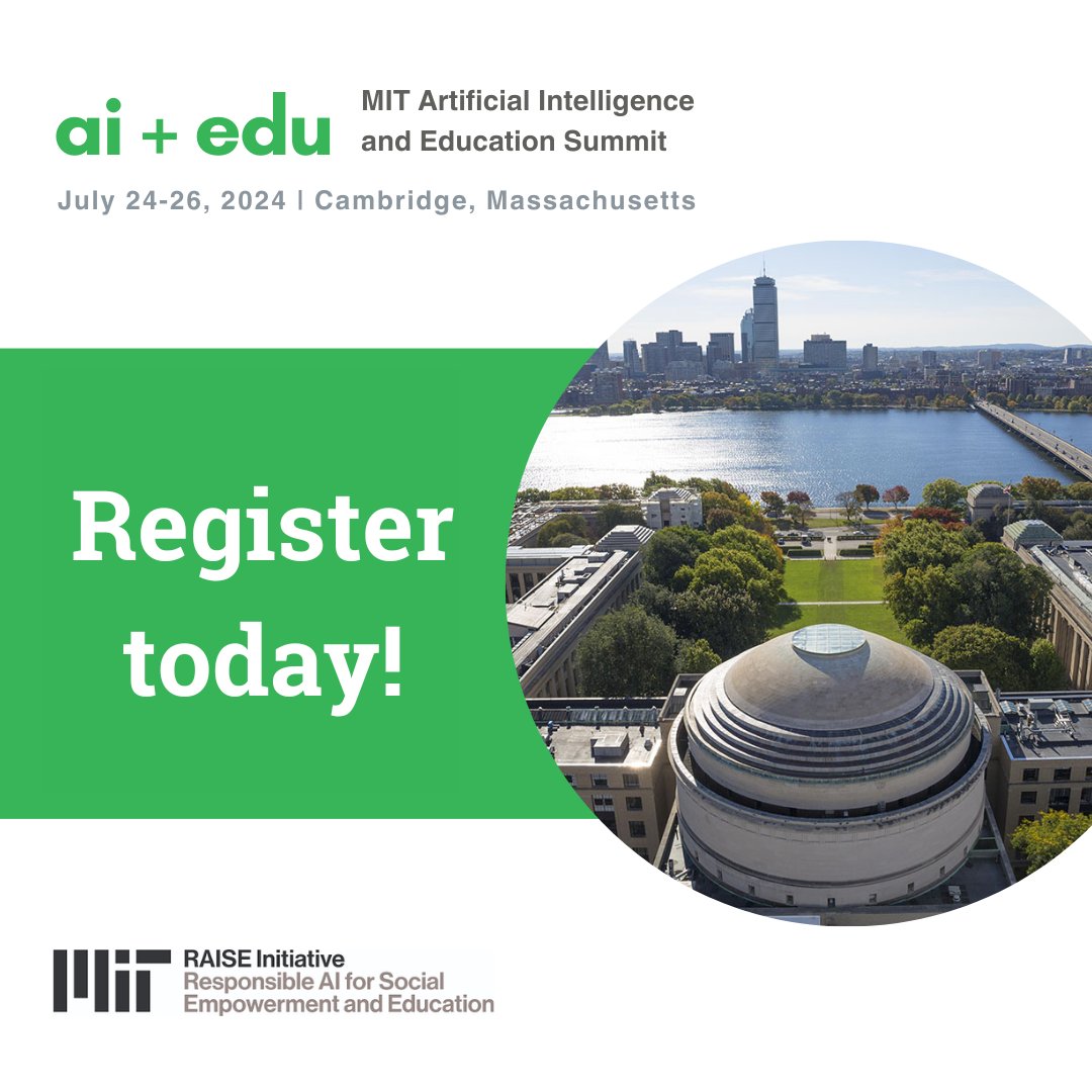 Ready to explore the future of AI in education? Join @MitRaise's Artificial Intelligence and Education Summit on July 24-26.

Don’t miss talks with expert speakers — discover creative uses of AI that make learning more effective! Register now: bit.ly/49UpTbl