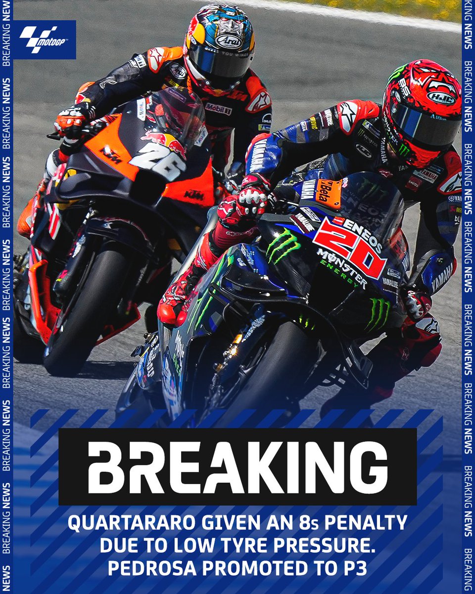 MotoGP's tweet photo. BREAKING: @26_DaniPedrosa  promoted to P3! 🥉 The Little Samurai takes his first Sprint podium after tyre pressure penalty for Quartararo ⚠️

More info to follow 

#SpanishGP 🇪🇸 https://t.co/awKvjd0qsR