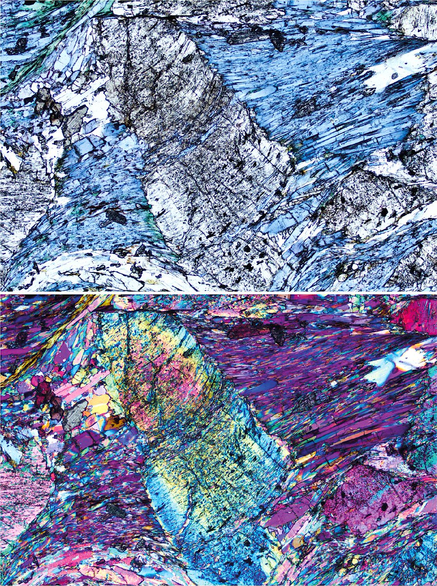 Many of you will like this PPL+XPL combo of a lovely epidote blueschist from #Syros. Blue outside and inside... @PierreLanari #science #geology #rocks #minerals #metamorphism #microscope