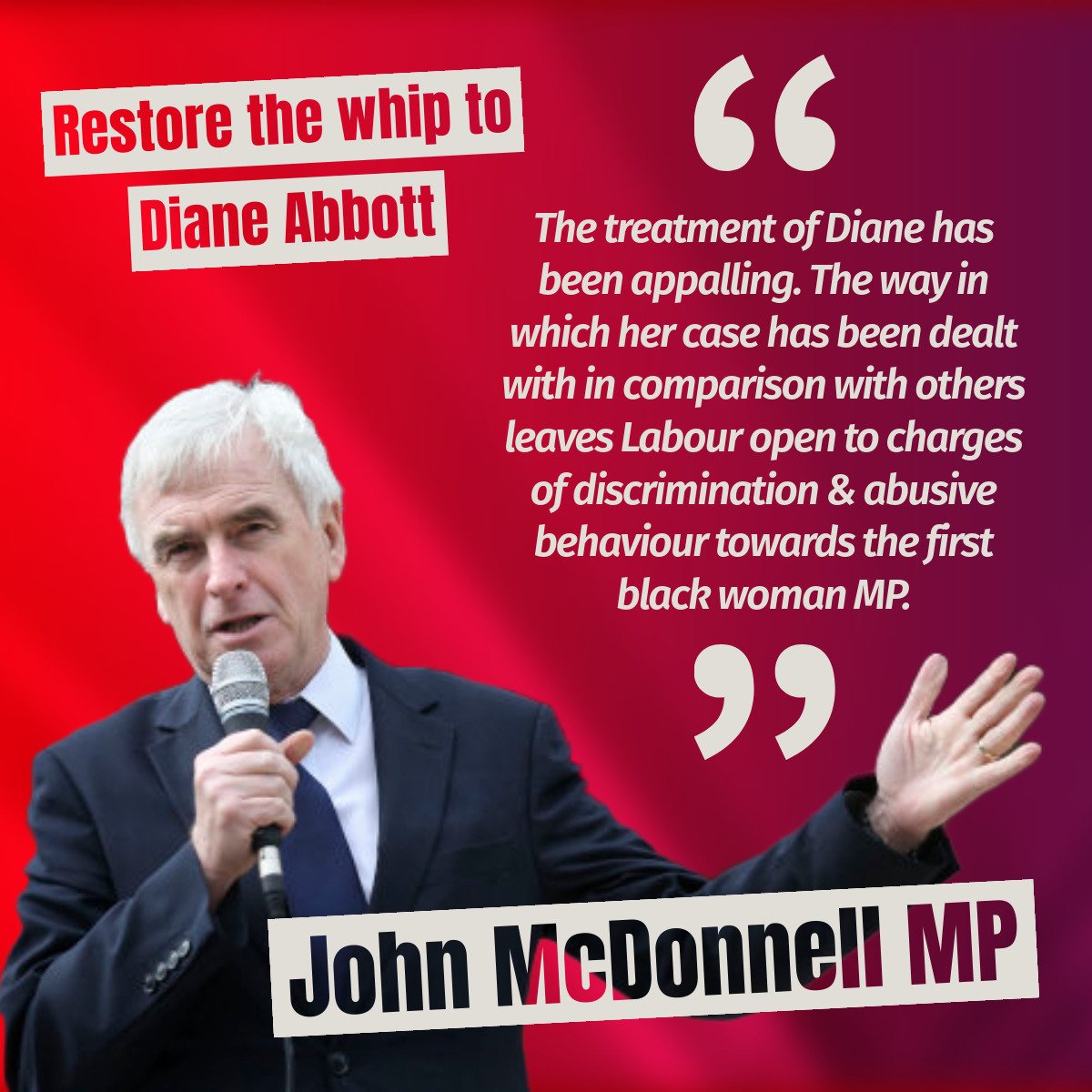 Former Shadow Chancellor @JohnMcDonnellMP on the shameful treatment of fellow anti-austerity voice in Parliament @HackneyAbbott- you can join over 12,500 people in signing this petition calling for the party leadership to #RestoreTheWhip to Diane here: actionnetwork.org/petitions/rest…