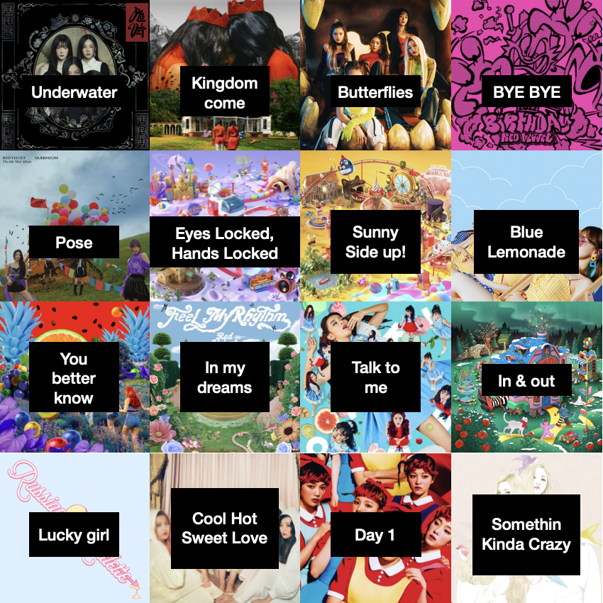 redfl4vour's tweet photo. remove one of red velvet's bsides from each row 

(most popular bside from the album edition) https://t.co/mf5EnUN2hg
