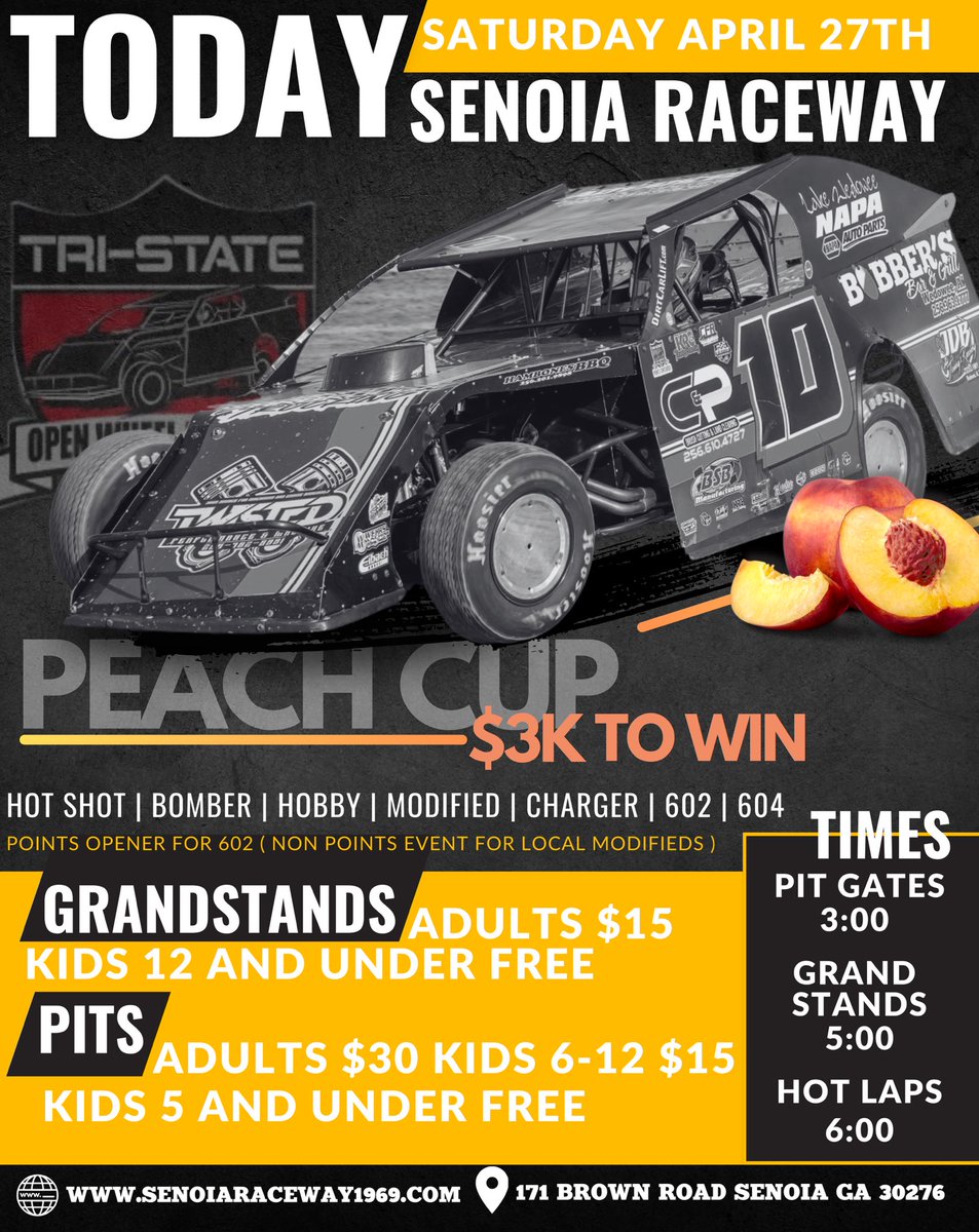 TODAY, April 27th at Senoia Raceway: Tri State Open Wheel Modifieds - Peach Cup $3,000 to-win!