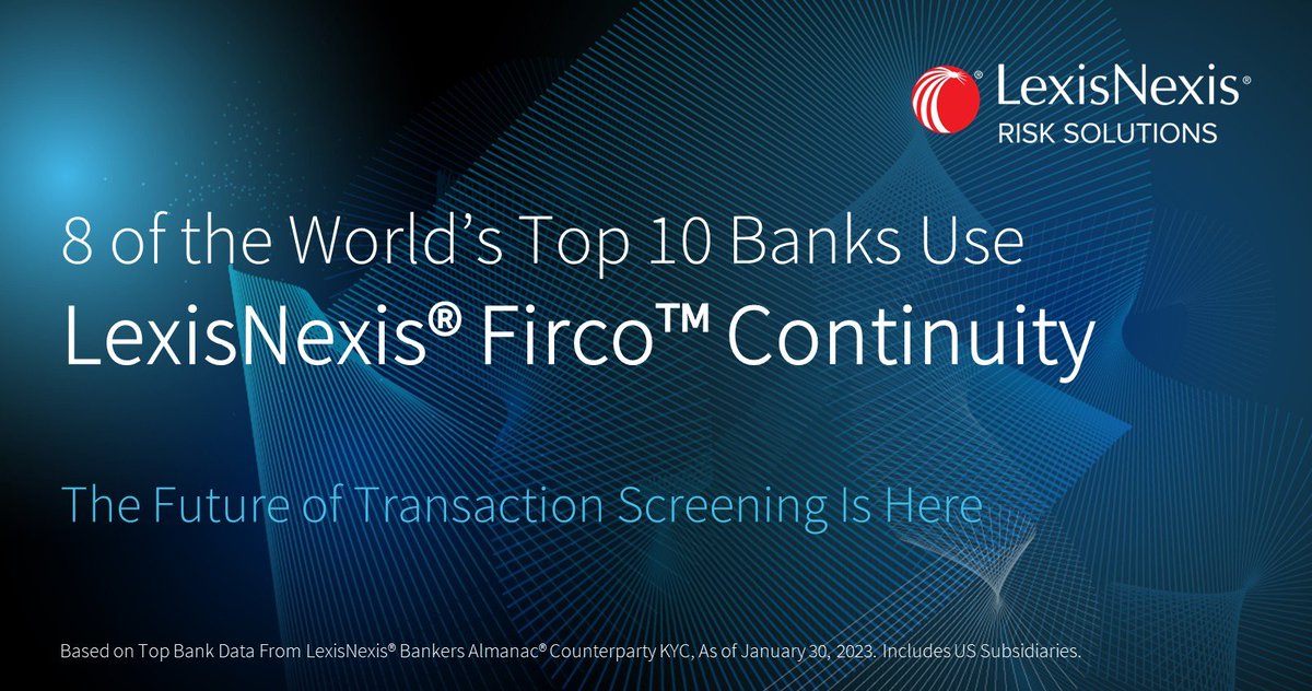 Surging sanctions, geopolitics and regulatory scrutiny: compliance has never been so complex. We're proud to work with the world's top banks, who trust LexisNexis® Firco™ Continuity to support transaction screening I work for LexisNexis Risk Solutions. bit.ly/4diuzL0