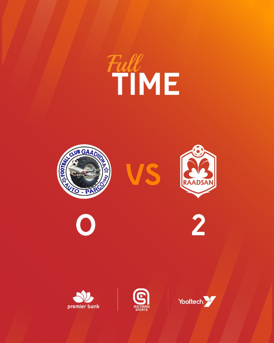 RaadsanSC's tweet photo. 𝐅𝐔𝐋𝐋 𝐓𝐈𝐌𝐄 | Gaadiidka 𝐕𝐒 Raadsan SC | 0 - 2 | +3 🔥

#RaadsanFamily ✊🧡 #RaadsanSC #SomaliNationalLeague https://t.co/hPYJEB9CfE
