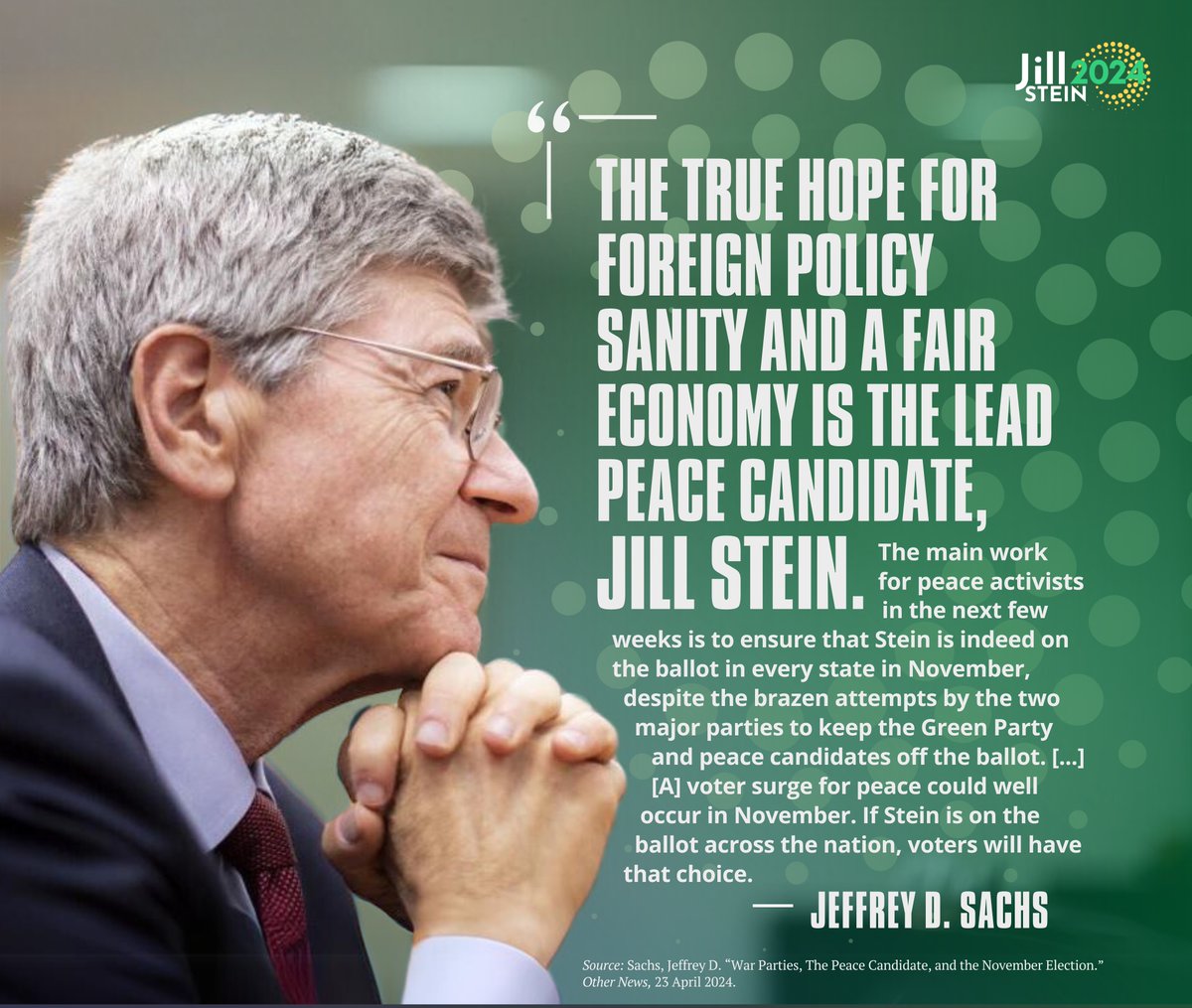 Honored to be endorsed by legendary Columbia University Professor Jeffrey Sachs! jillstein2024.com/jeffrey_sachs_… Join us for a rally with Dr. Sachs Fri 5/3 to power up our fight to put an anti-genocide, pro-worker, climate action choice on the ballot nationwide! jillstein2024.com/rally