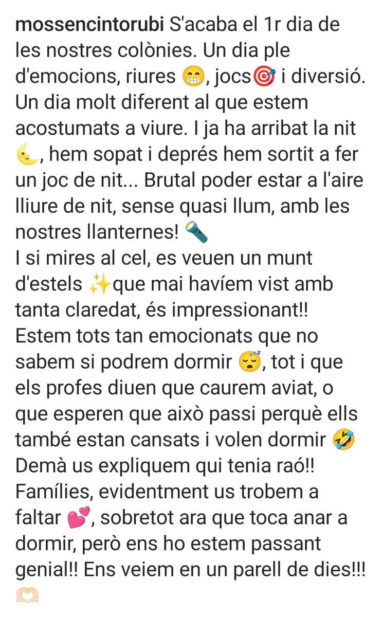 Sabeu com és un dia de colònies? Algú ho ha sapigut descriure a la perfecció! Aquest resum captura la intensitat d'una jornada plena d'aventures, descobriments i rialles. Tots els infants haurien de poder anar de colònies! #ColòniesEscolars #ExperiènciaInoblidable"