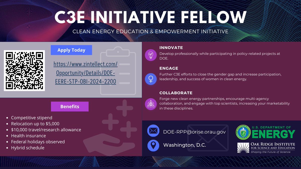 U.S. Department of @Energy's Office of Buildings and Industry (OBI) seeks an innovative and highly motivated Fellow to support DOE's mission with the U.S. Clean Energy Education and Empowerment (C3E) Initiative
Details: buff.ly/49NSoHN

#LSAMP #LSMRCE