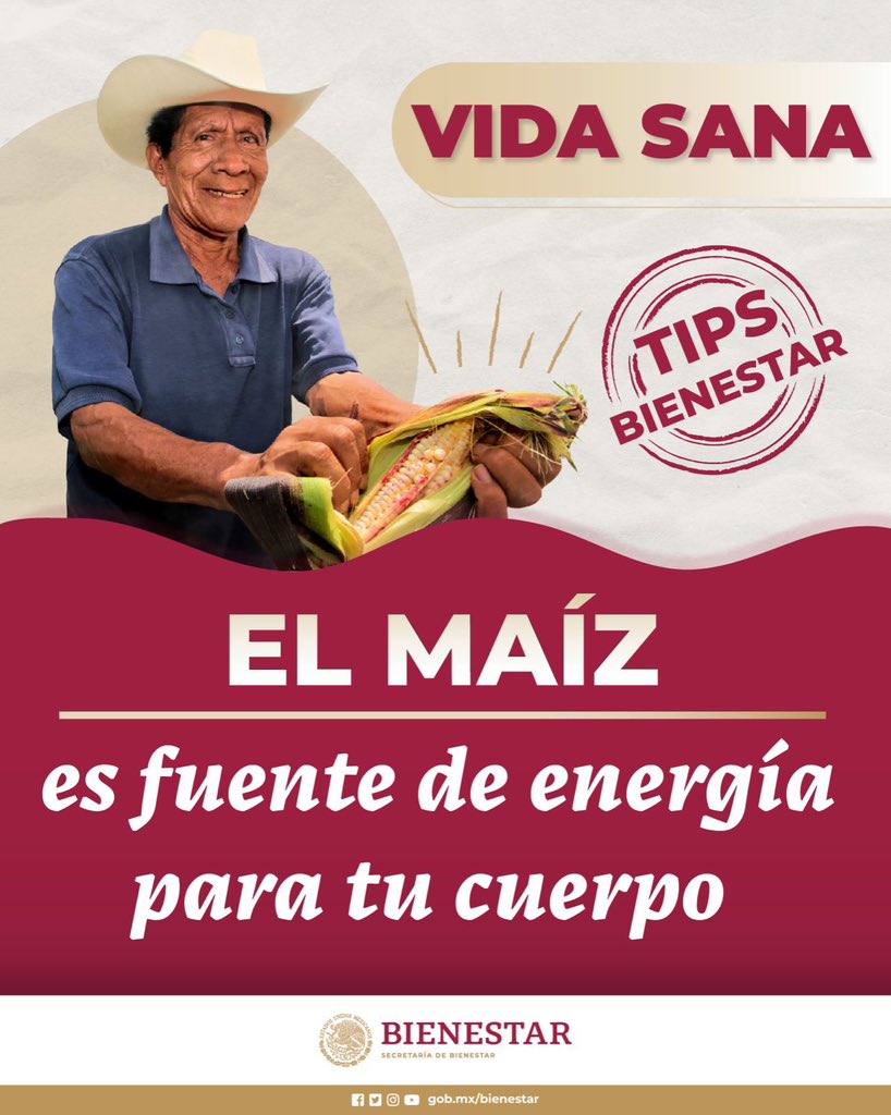 #TipsBienestar ❤️
El #maíz contiene proteína, vitaminas y minerales que benefician a tu salud. Bajo supervisión médica, consúmelo en sus diferentes presentaciones. 

#PrimeroLosPobres