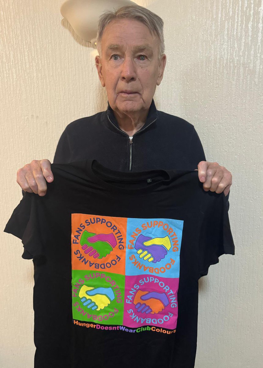 @SFoodbanks Life President and all round legend Colin Harvey displaying our specially designed “Warhol” FSF T-Shirt. Please call into @HomebakedBakery to purchase one for £20. #HungerDoesntWearcClubColours #RightToFood @melharvey72 @CWUnews @DaveWardGS @MeatballMolly @1stClassCU