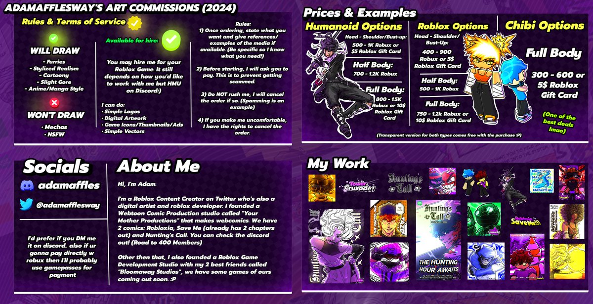 adamafflesway's tweet image. 🗣️ COMMISSIONS OPENING SOON!!! (New Portfolio Website soon) (3 Slots) 

📌 If you're looking for a digital artist for your game then HMU on Discord!

❤ Likes &amp;amp; RTs would be appreciated! 

#robloxart #roblox #robloxartcommissions #robloxcommissions #robloxdev