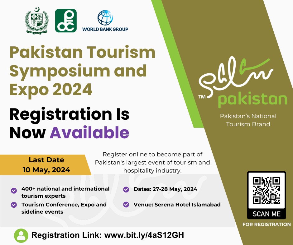 PtdcOfficial's tweet photo. PTDC in partnership with World Bank Group has planned to organize Pakistan Tourism Symposium and Expo as a high level event of tourism industry from 27 to 28 May 2024 at Serena Hotel Islamabad.
Registration Link: https://t.co/4lFZ4mS3rA

#PTDC #salampakistan #tourismsymposium https://t.co/KwJ7oNZ2SM