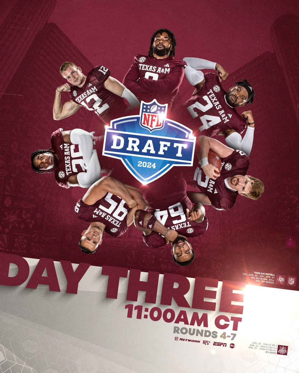 🔜 #NFLDraft Day 3️⃣ 📺 11:00 AM on ESPN/NFLN/ABC #NFLAggies #GigEm