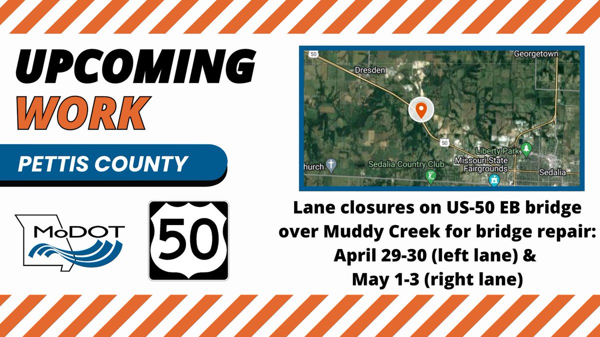 PETTIS COUNTY - Lane closures on US-50 over Muddy Creek for bridge repair: - April 29-30: left lane - May 1-3: right lane Link: modot.org/node/46026 #kctraffic