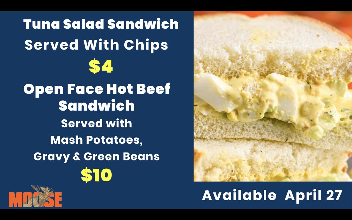 🍴 Today's lunch special: Tuna Salad Sandwich with Chips for just $4! 

And don't miss our dinner special - an Open-Faced Hot Beef Sandwich with Mashed Potatoes, Gravy, and Green Beans for only $10! 

#MooseLodgePA #McSherrystownMooseLodge720 #LunchSpecial #DinnerSpecial