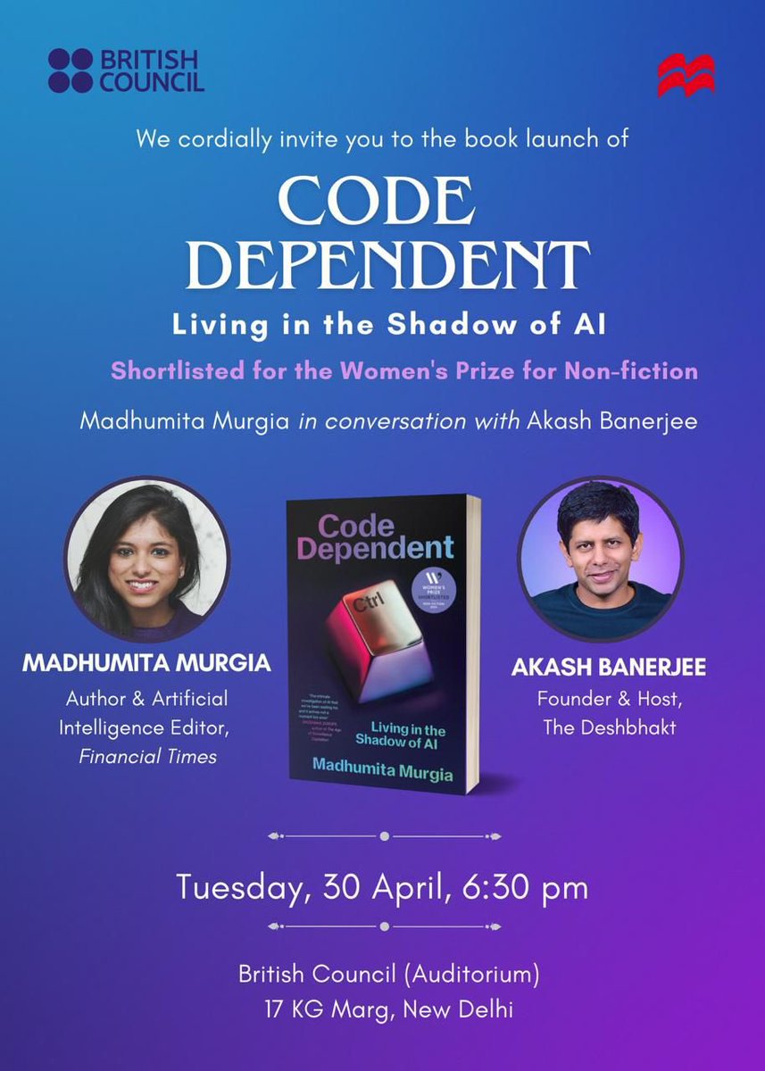 Just finished reading ‘Code Dependent’ in time for event @inBritish on April 30 with author, @madhumita29 - shortlisted for 🇬🇧 inaugural Women’s Prize for Non-fiction It brings the impact of #AI to life through voices of ordinary people. Registration: tinyurl.com/mr2syp55