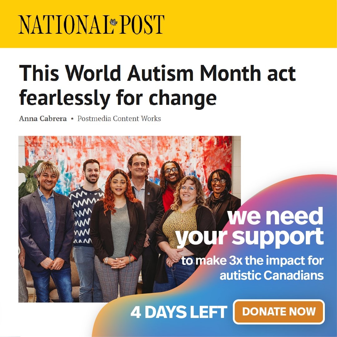 We have been featured in the National Post. This World Autism Month, we need you to be fearless and stand alongside the autism community. Your gift will be TRIPLED! Your gift helps create an inclusive Canada where autistic people are embraced & celebrated. autismspeaks.ca/donate