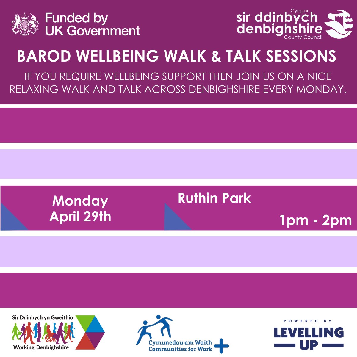 If you live in Denbighshire and are struggling with your wellbeing, come and talk to our Barod team whilst enjoying a relaxing walk 🚶 🌳 💛 Whether you need advice or ongoing support, our friendly team are here to help. To find more Barod events visit: denjobs.org/calendar-2/