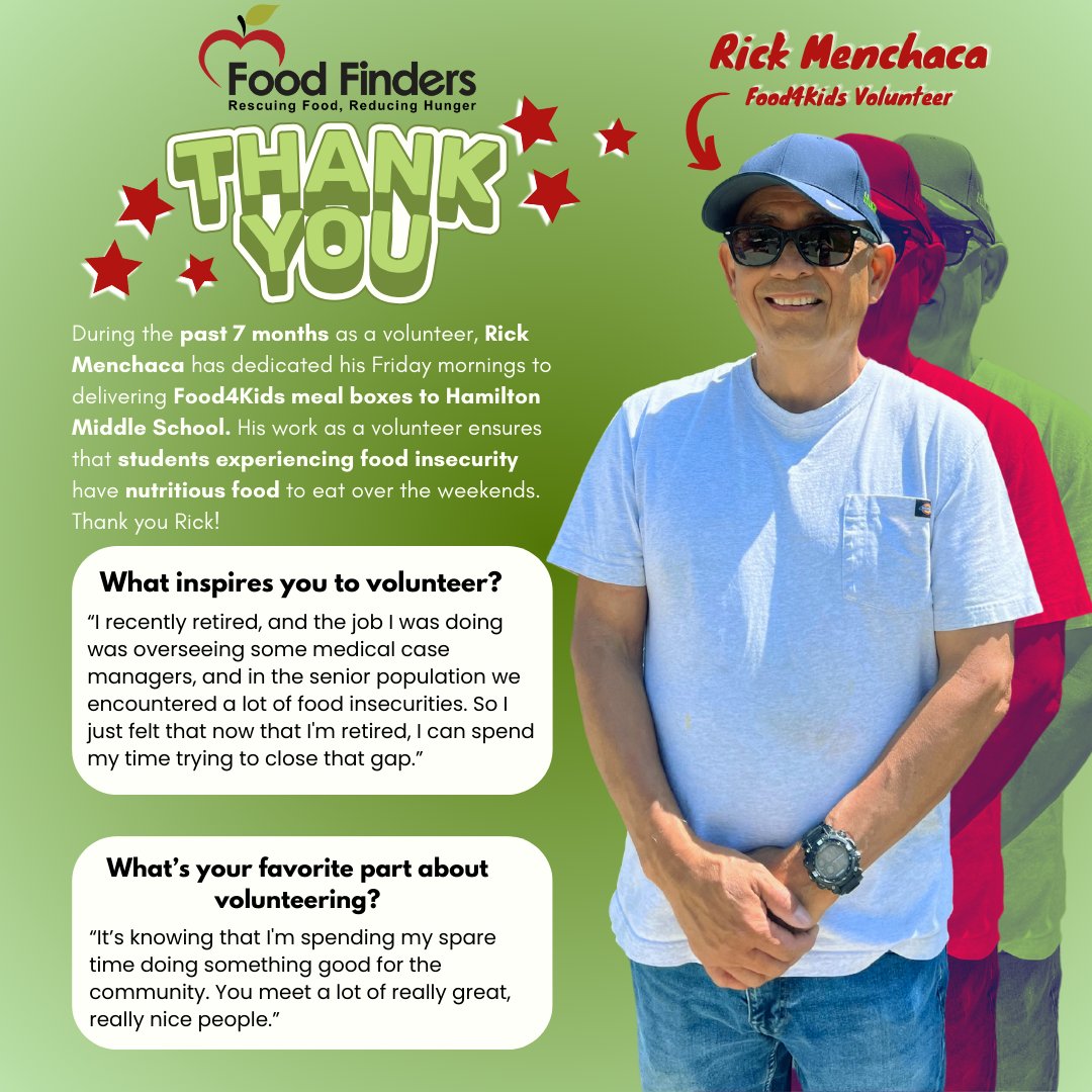 We are grateful for incredible volunteers like Rick Menchaca who are passionate about their community members suffering from food insecurity. Let's show Rick some love in the comments! 🙌 #ThankYou #FoodFinders #Volunteer #VolunteerSpotlight