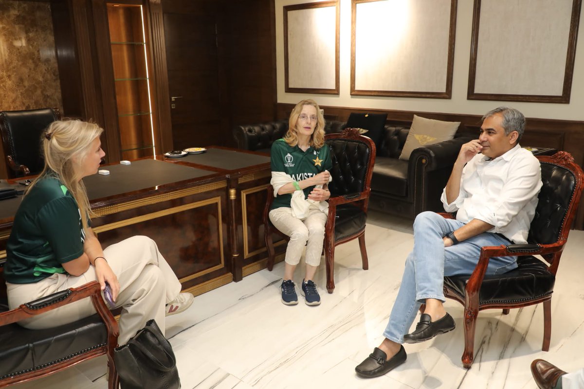 Ambassador Ms Henny de Vries and Lotte Hofste, First Secretary Political Affairs at the Embassy of the Kingdom of the Netherlands meet with PCB Chairman Mohsin Naqvi and and COO Mr Salman Naseer at Chairman's Office.