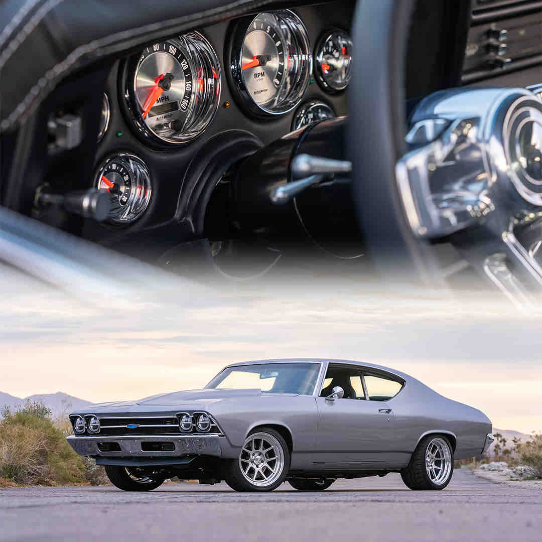 RM26 is outfitted with Autometer Products American muscle series gauges giving this Chevelles cluster a timeless look, while accurately tracking the car & engines vitals like RPM’s, vehicle speed, water temp, oil pressure, fuel, and of course BOOST 💨💨💨