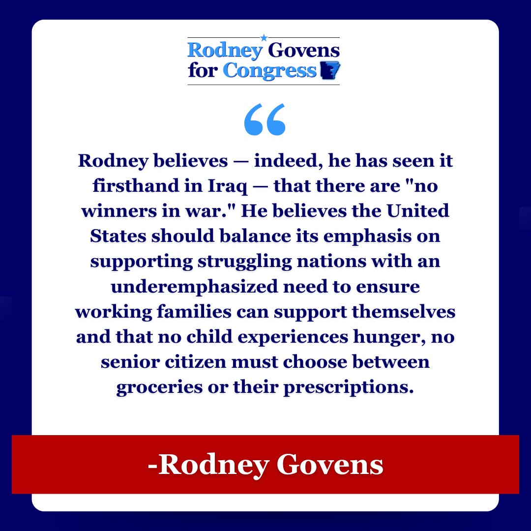 QUOTE OF THE DAY: Rodney Govens via Ballotpedia

'There are no winners in war.'

#ridingwithrodney #arpx #arkansas #elections2024 #rodneyforcongress