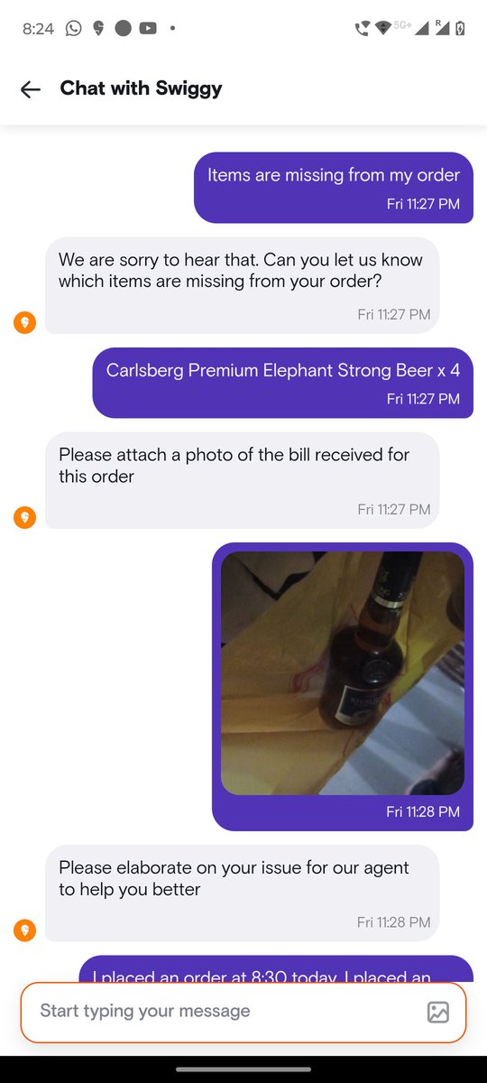 @Swiggy @rahul264 @consumerforum_ Yesterday I ordered four beers and one wine at Calcutta New Town but when the order arrived a friend of mine went to pick up the order and my four beers are still missing.I keep talking to Swiggy in chat but no response 😡😡why ?